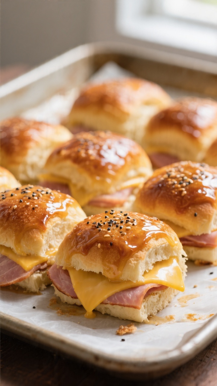 Close-up detail shot of freshly baked mini sandwich sliders just out of the oven: glossy tops brushe