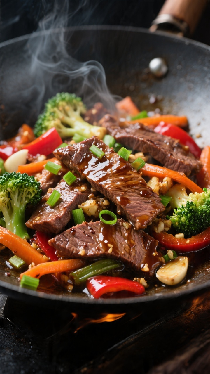 Close-up detail: Sizzling beef stir-fry in a wok at the “combine and sauce” stage—thin seared
