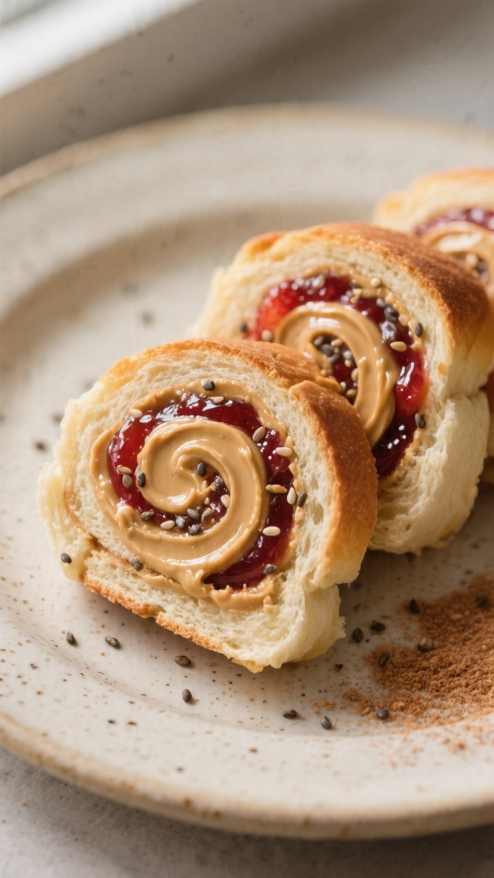 Close-up detail: Tight macro of sliced PB&J roll-ups made with soft brioche bread, showing clean, gl