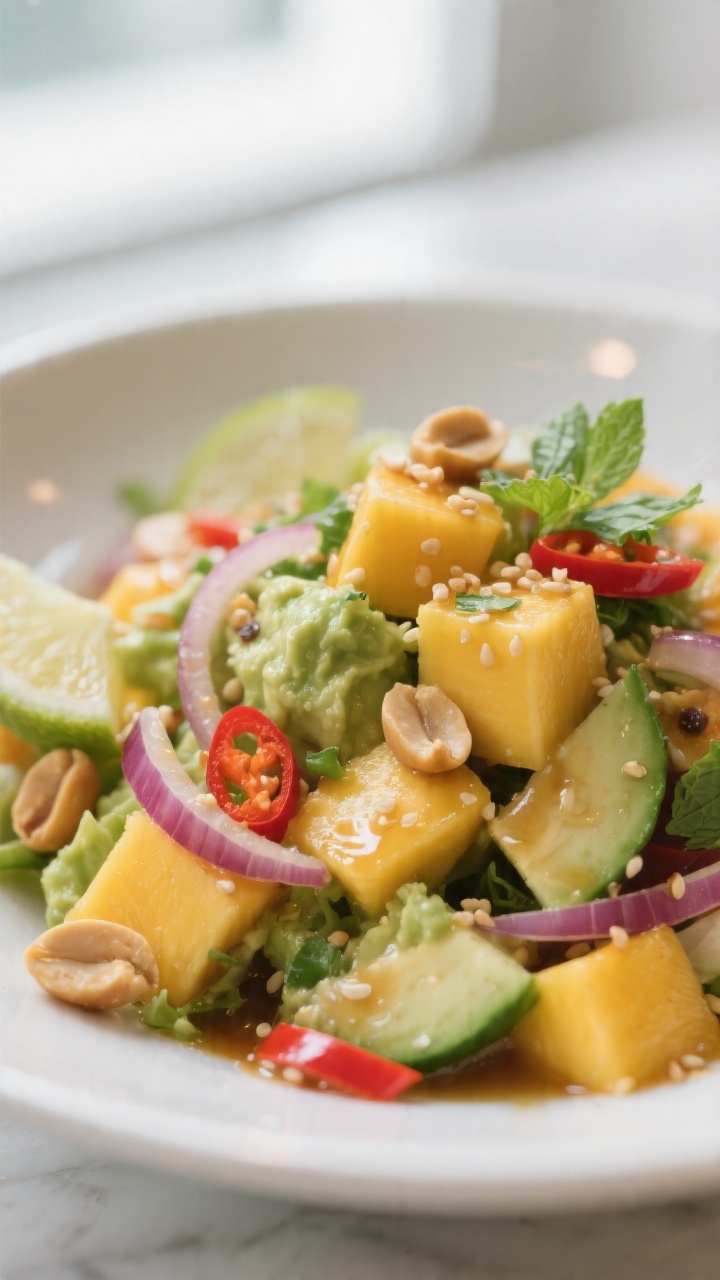 Close-up detail: Tossed mango salad glistening with lime-honey-sesame dressing, showing juicy mango 