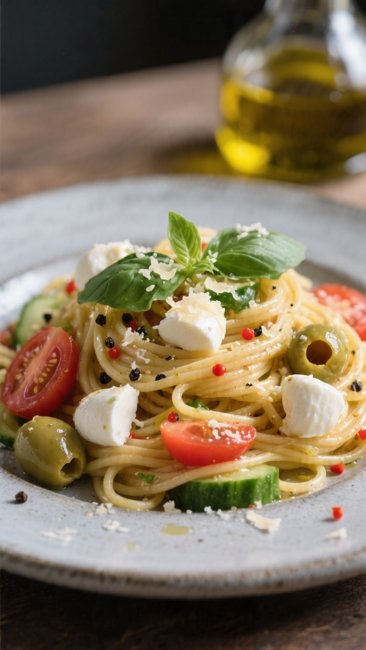 Close-up final dish: Tight macro of a plated portion of the Italian spaghetti salad twirled into a n