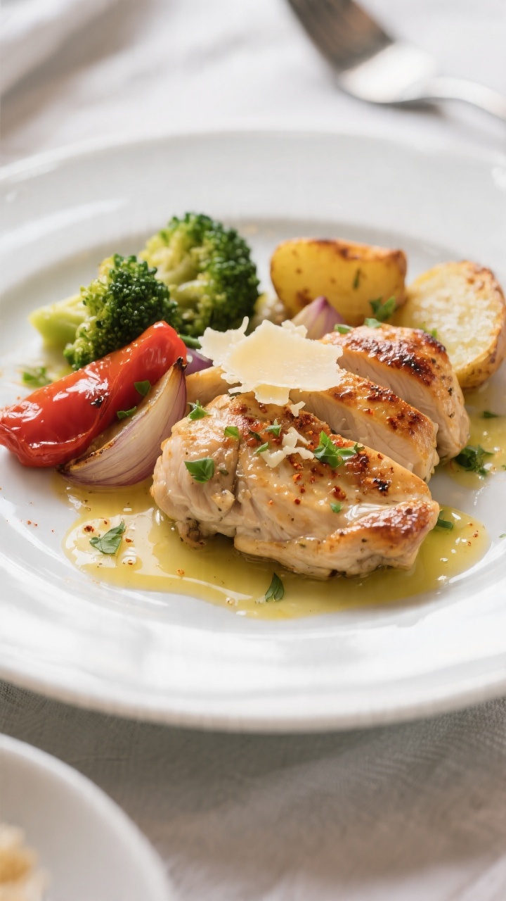 Close-up plated dish, restaurant-quality: Tight macro of a composed plate of the garlic butter chick