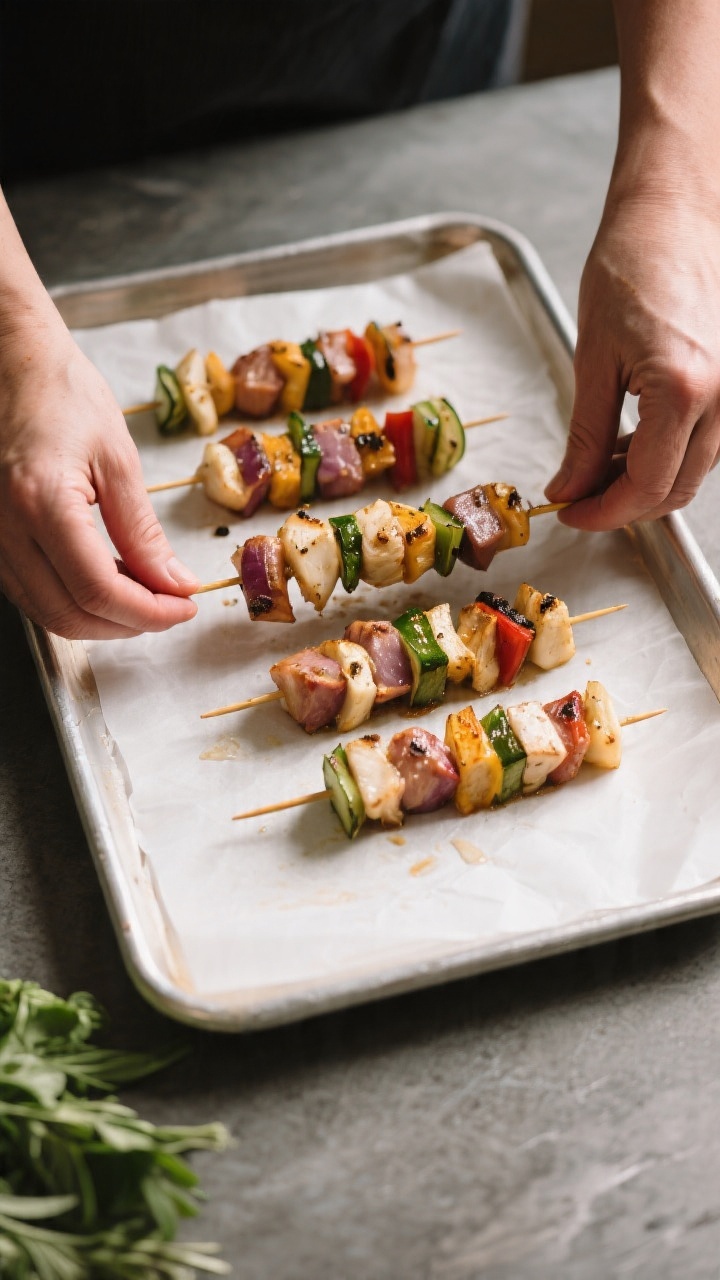 Cooking process: Assembling the kabobs on a parchment-lined tray—hands out of frame—with evenly 