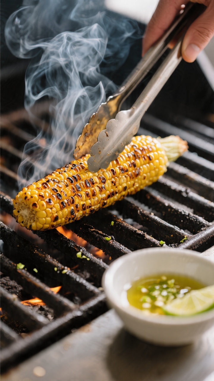 Cooking process: Char-grilled corn on the cob being turned with tongs over a medium-high grill, kern