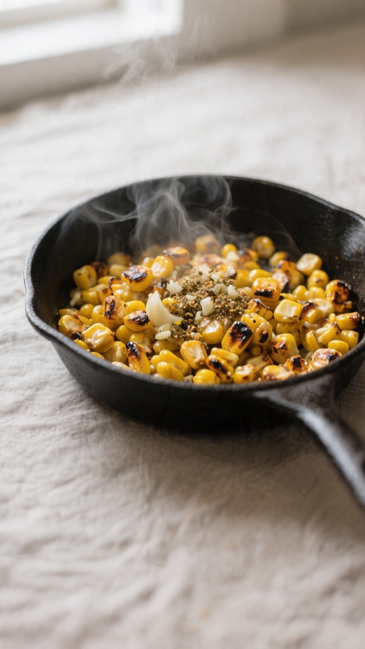 Cooking process: Charred corn kernels in a black cast-iron skillet, lightly golden with a few deeper