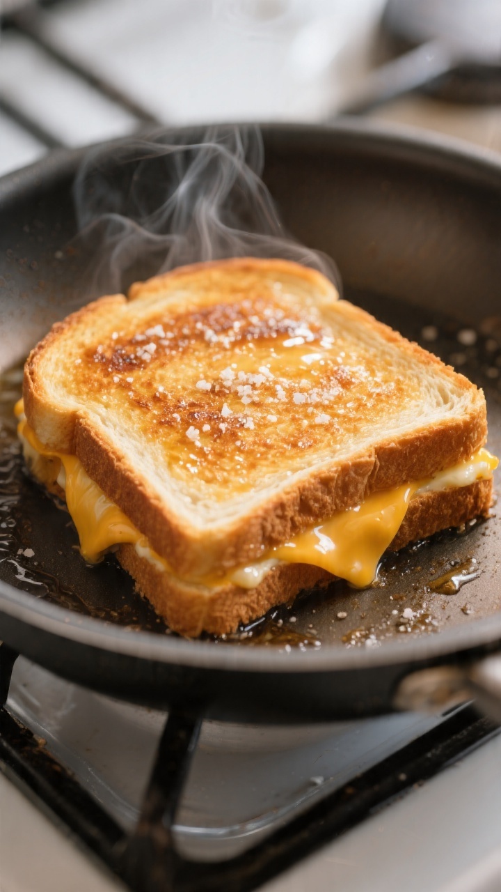 Cooking process close-up: A golden grilled cheese sandwich cooking slowly in a nonstick skillet over