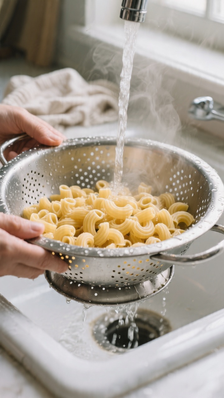 Cooking process close-up: Al dente elbow macaroni just drained and rinsed under cold water in a stai
