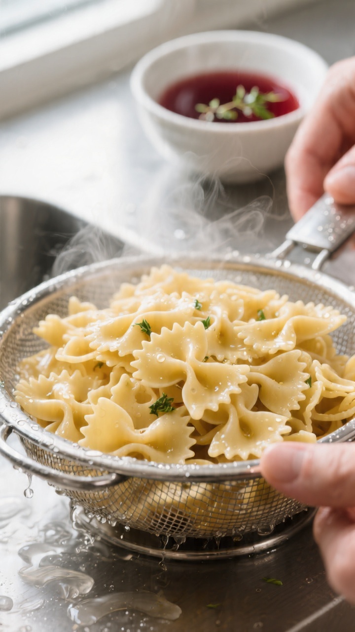 Cooking process close-up: Al dente mini farfalle just drained and quickly rinsed under cool water in