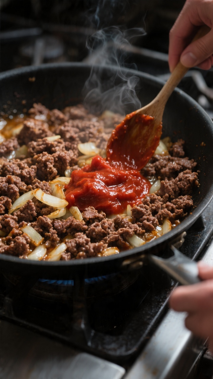 Cooking process close-up: Deeply browned crumbled ground beef and sautéed onions in a wide, black s
