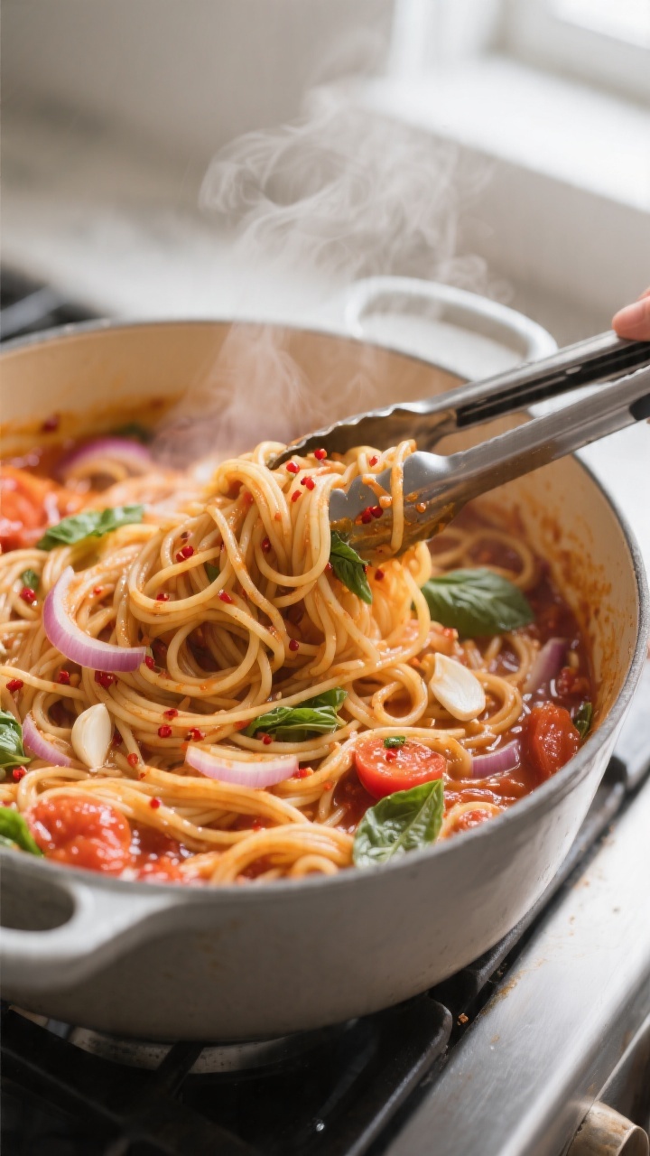 Cooking process, close-up detail: Silky one-pot tomato basil pasta mid-simmer in a wide Dutch oven, 