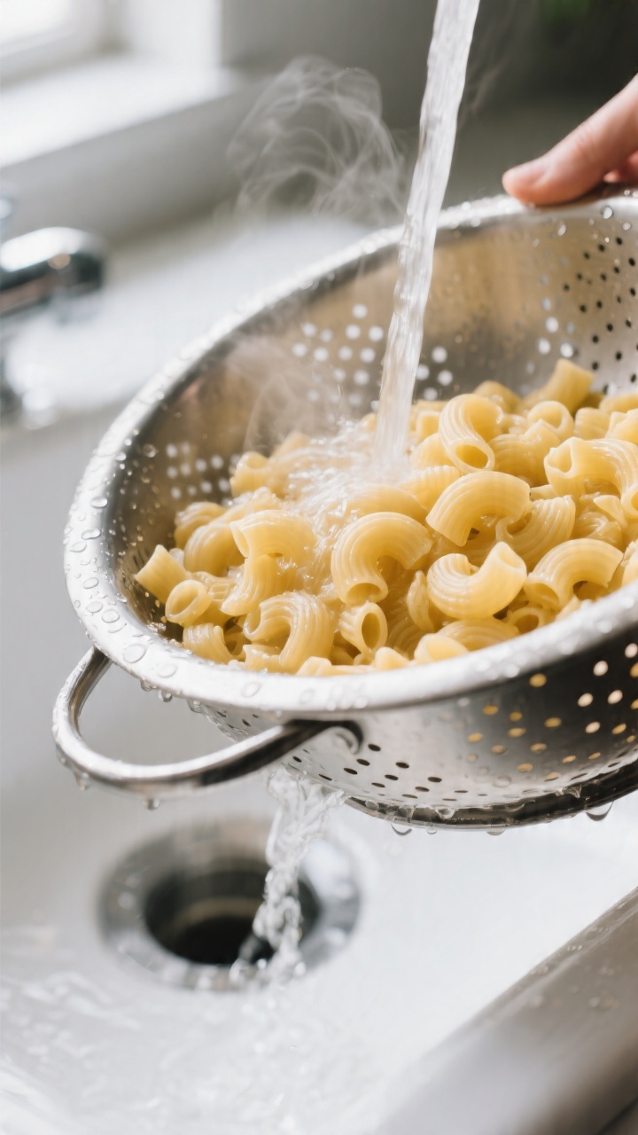 Cooking process close-up: Just-cooked elbow macaroni being rinsed under cold water in a stainless co