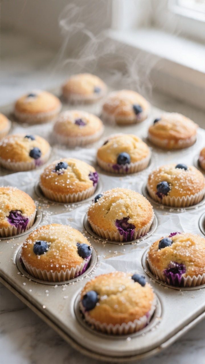Cooking process close-up: Mini blueberry muffins just out of the oven in a 24-cup mini muffin tin, g
