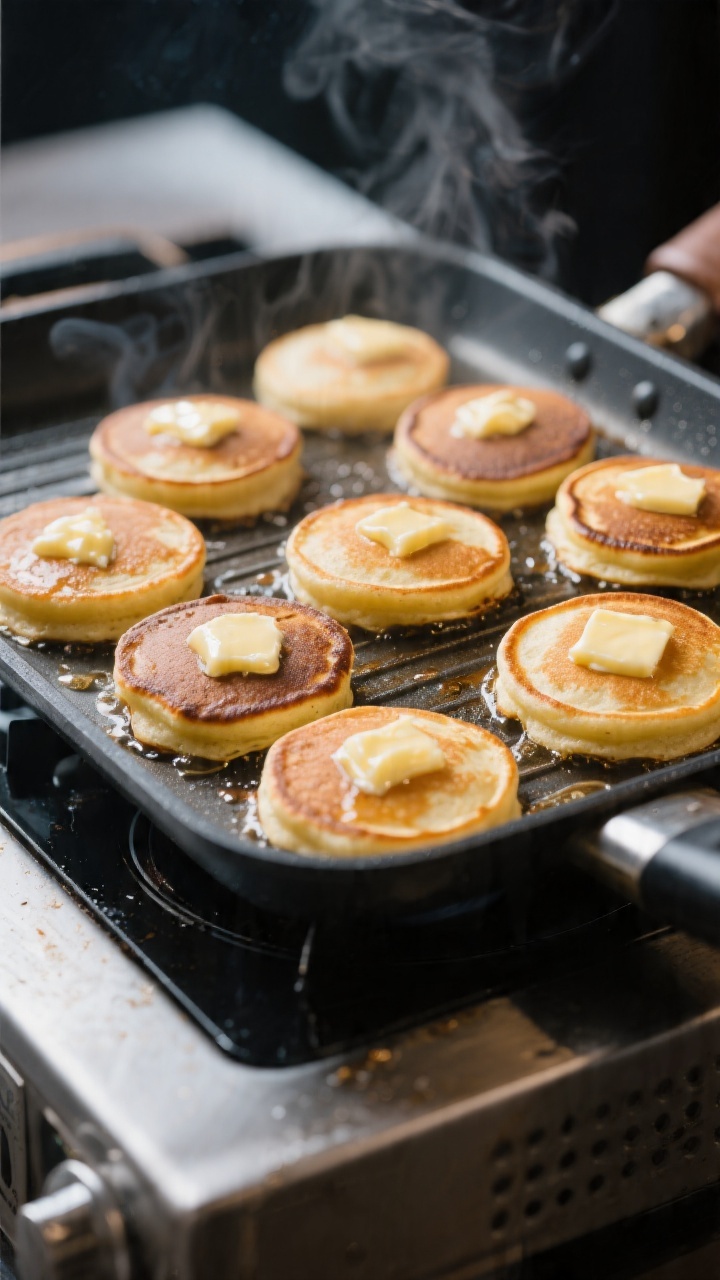 Cooking process close-up: Mini pancakes sizzling on a butter-greased nonstick griddle