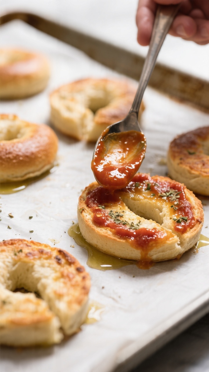 Cooking process close-up: Mini pizza bagel halves just out of an oven pre-toast on a parchment-lined