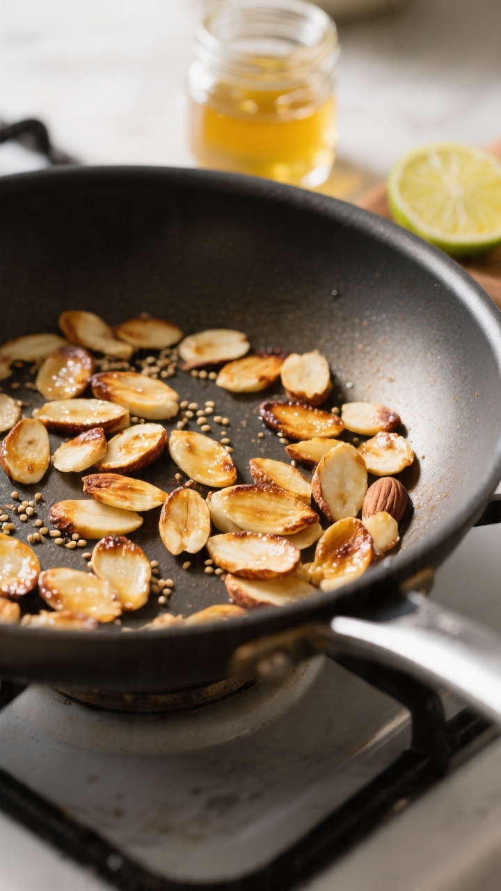 Cooking process close-up: Toasted sliced almonds in a dry skillet just off the heat, golden and glos