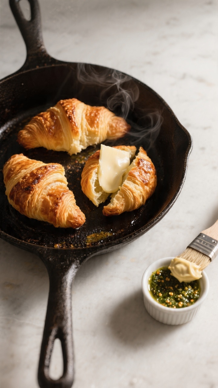 Cooking process: Overhead shot of halved mini croissants toasting cut-side-down in a dry cast-iron s