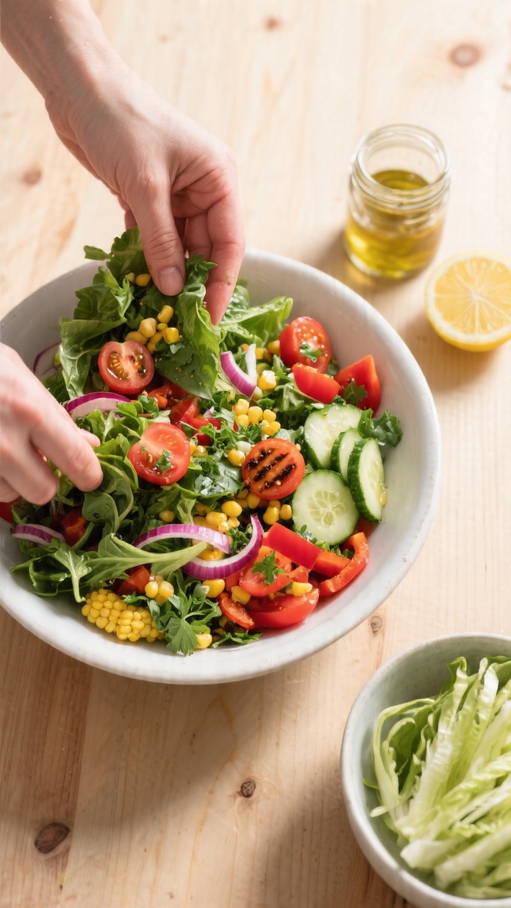 Cooking process: Overhead shot of the salad base being gently tossed—mixed greens, halved cherry t