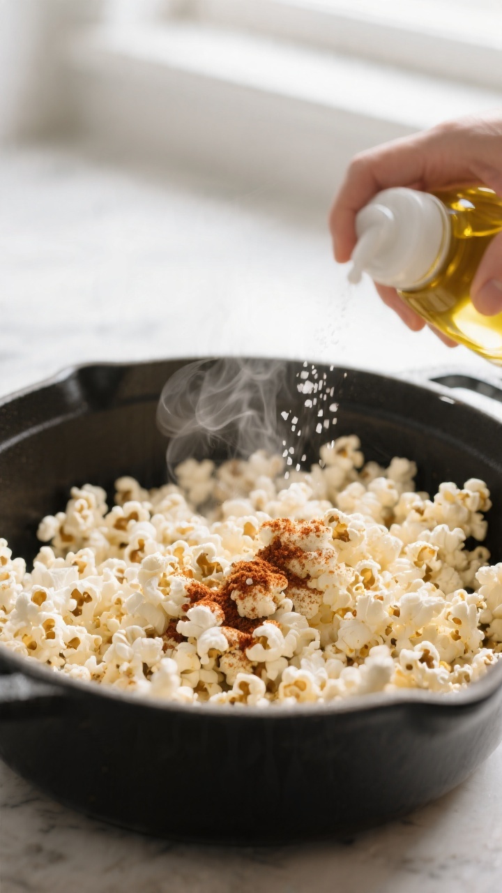 Cooking process — popcorn just-popped in a large matte-black pot: Warm, freshly popped popcorn spi