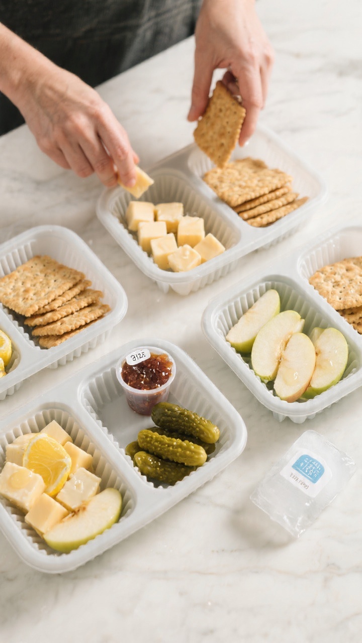 Cooking process/prep stage: Overhead shot of assembly in progress—four open meal-prep containers l