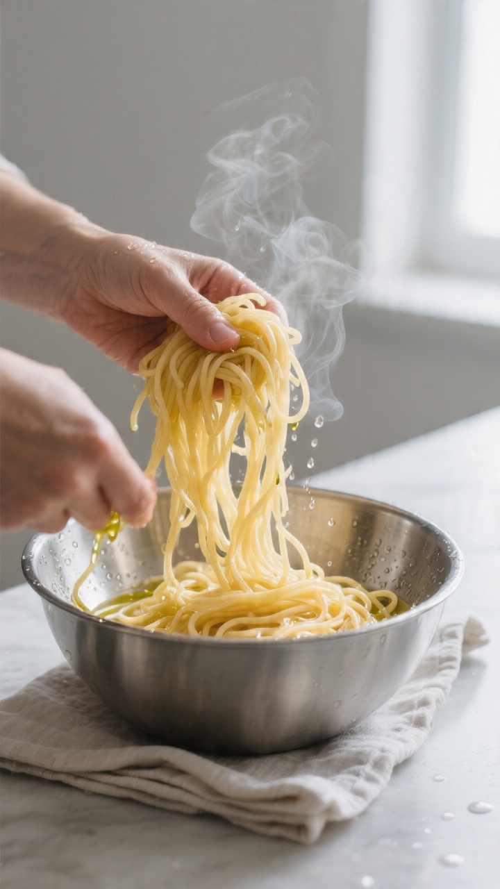 Cooking process shot: Al dente spaghetti just drained and rinsed, glistening strands being gently to
