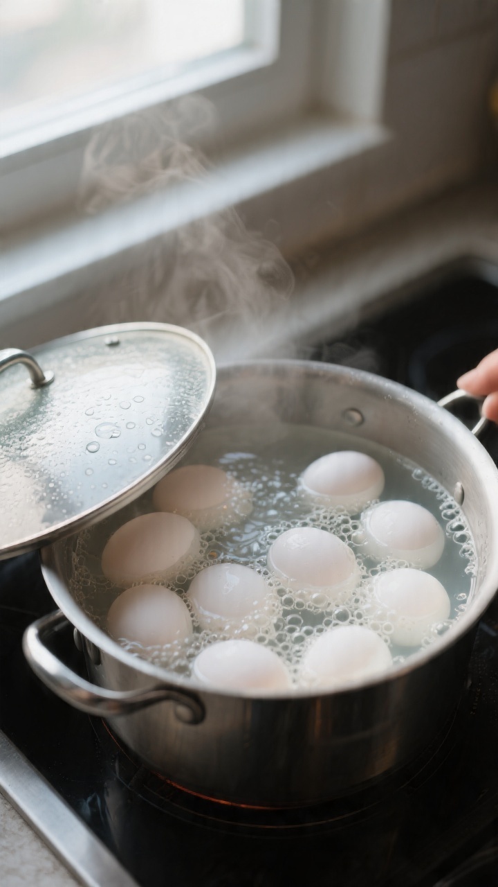 Cooking process — steaming pot transition: Hard-boiled eggs at a gentle boil just before the heat 