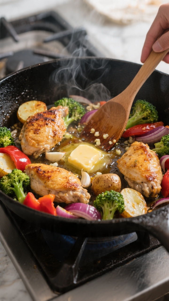 Cooking process, stovetop action: One-pan garlic butter chicken and vegetables sizzling in a large b