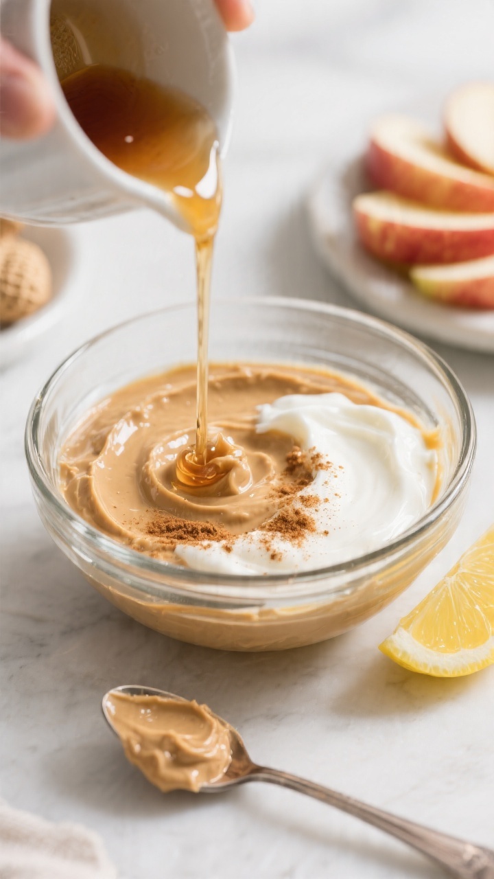 Cooking process: The dip being mixed to the perfect consistency in a clear glass bowl—peanut butte
