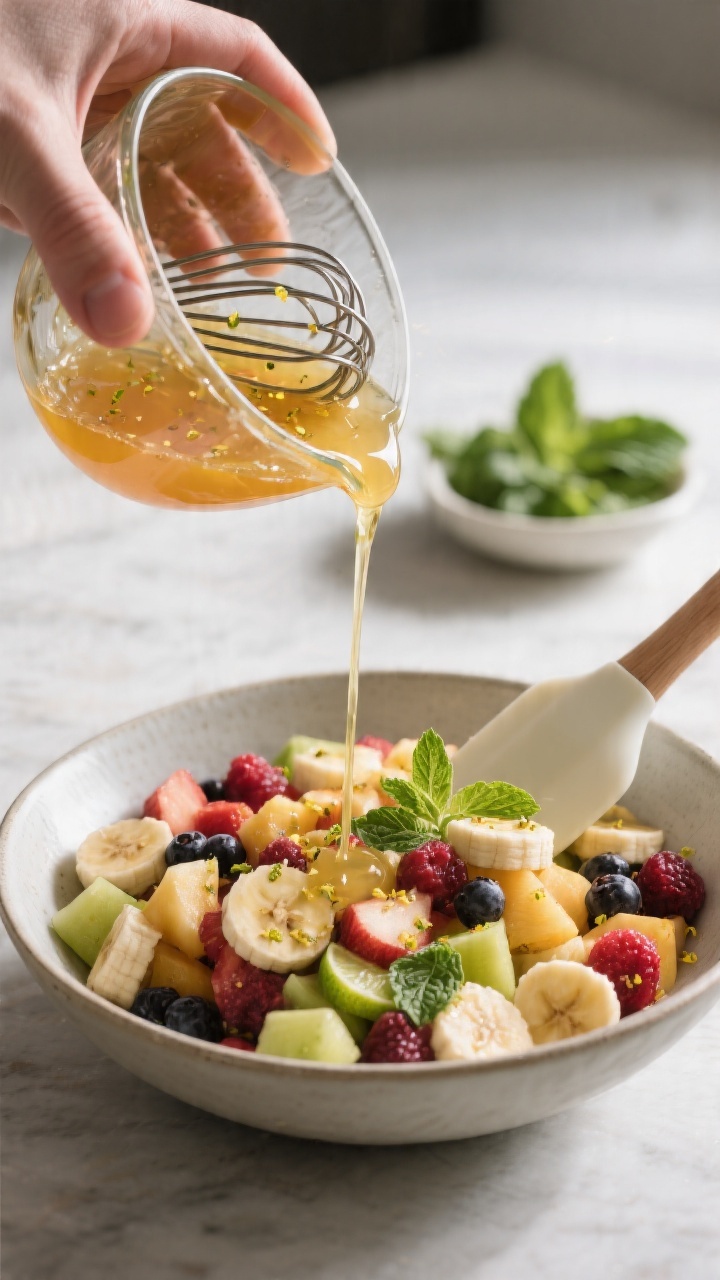 Cooking process: The dressing being whisked and poured over the prepared fruit—action shot of a th
