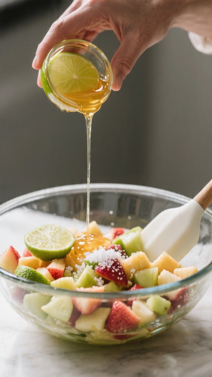 Cooking process: The lime-honey dressing being drizzled over the fully prepped fruit salad in a larg