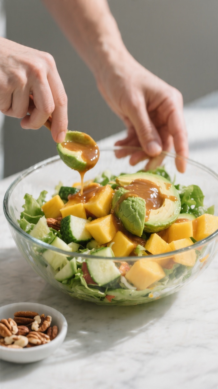 Cooking process: The salad being gently tossed with half the dressing in a large glass mixing bowl, 