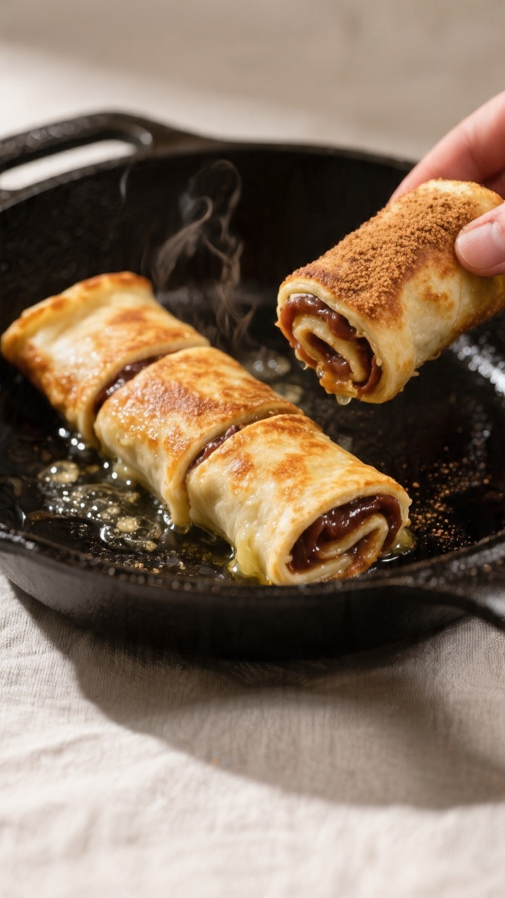 Cooking process: Warm & Crispy variation in action—PB&J roll-ups seam-side down in a buttered skil