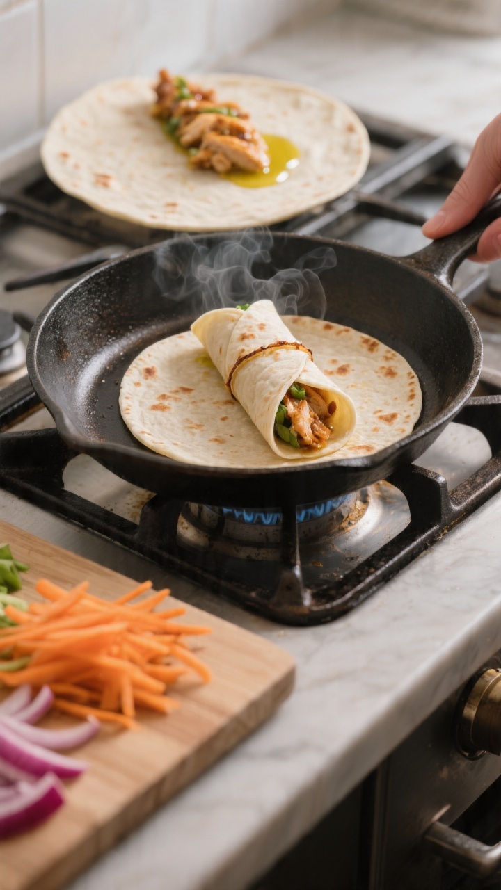 Cooking process: Warm mini flour tortillas in a skillet, seam-side of a just-rolled mini wrap gettin