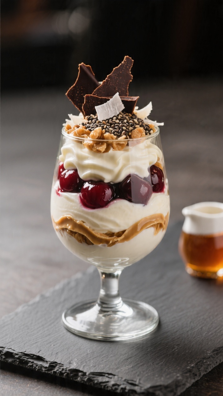 Final dish beauty: Dessert-style parfait presentation in a stemless wine glass—vanilla yogurt swir