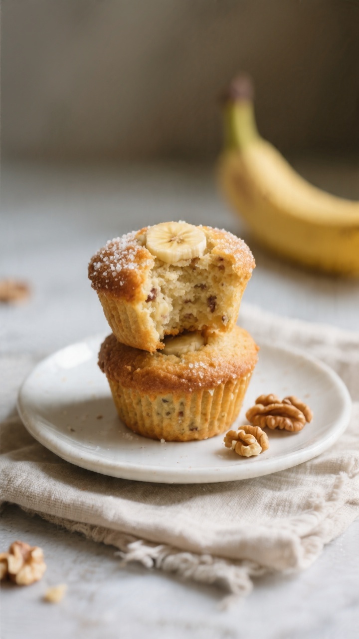 Final dish beauty shot: Banana mini muffins stacked casually on a small white ceramic plate with a l