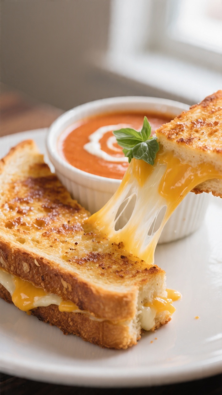 Final dish detail: Close-up of a freshly sliced grilled cheese on the diagonal, dramatic cheese pull