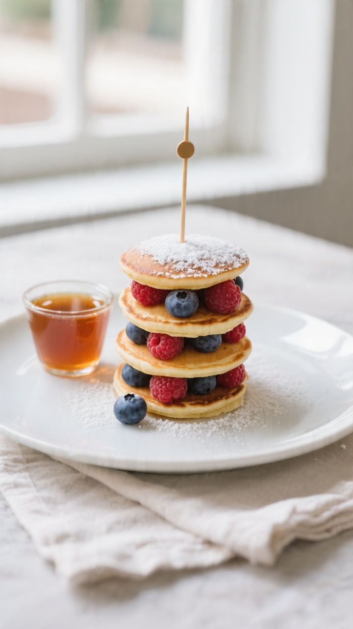 Final dish plated: Mini pancake stacks of three secured with toothpicks, dusted lightly with powdere