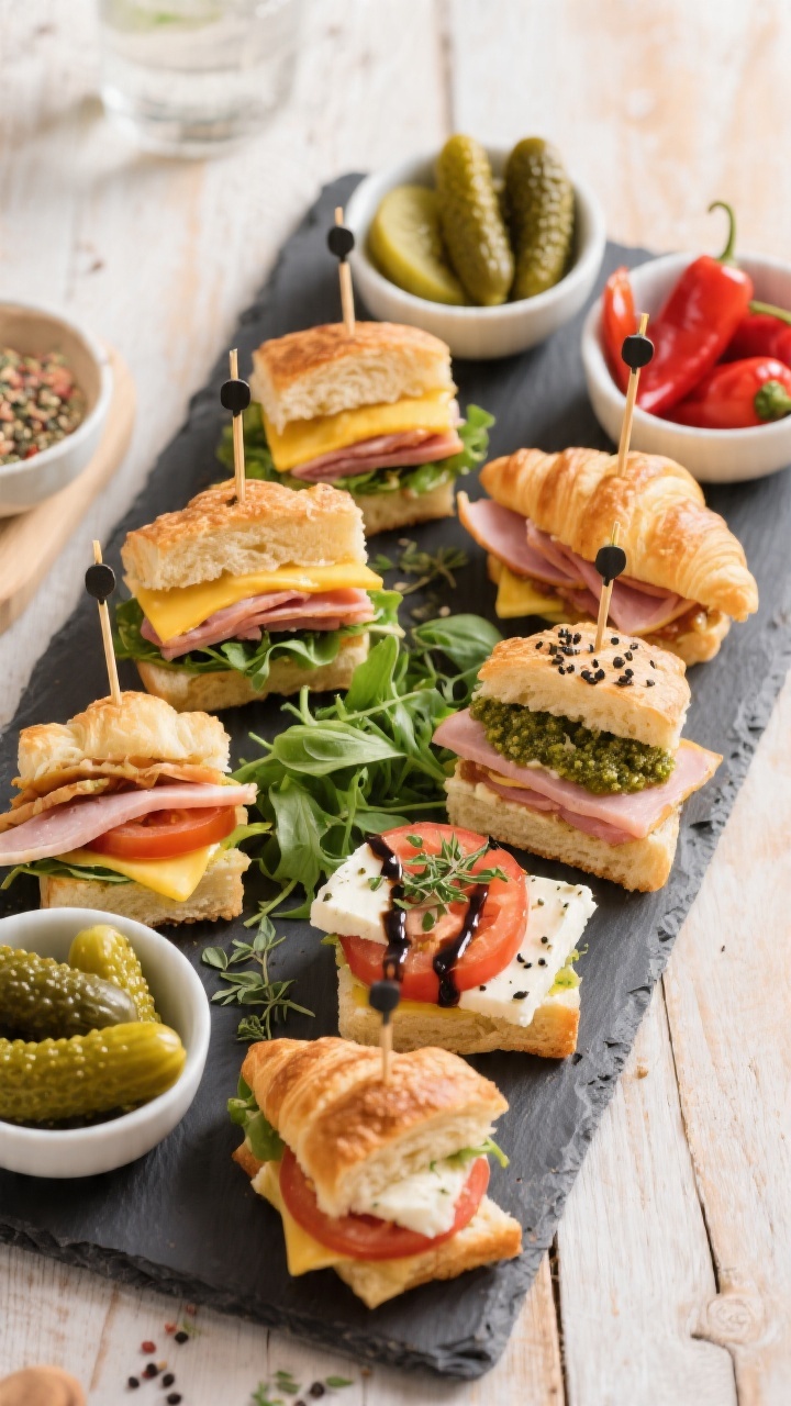 Final dish presentation: Beautiful party platter of assorted mini croissant sandwiches (Turkey Club 