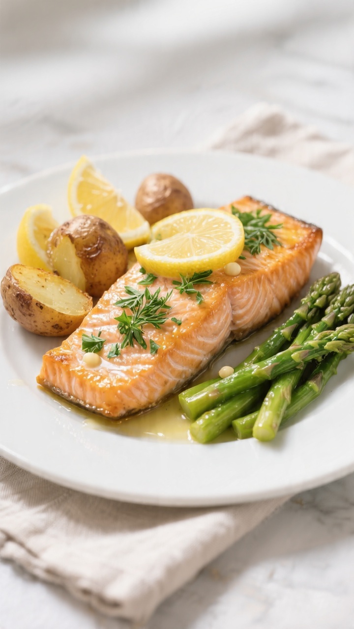 Final dish presentation: Beautifully plated Baked Lemon Herb Salmon on a matte white dinner plate, t