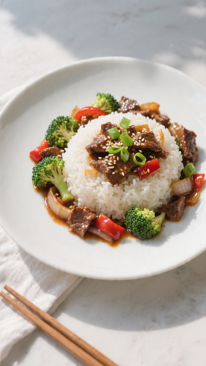 Final dish presentation: Beautifully plated Easy Beef Stir-Fry with Rice—mound of fluffy jasmine r