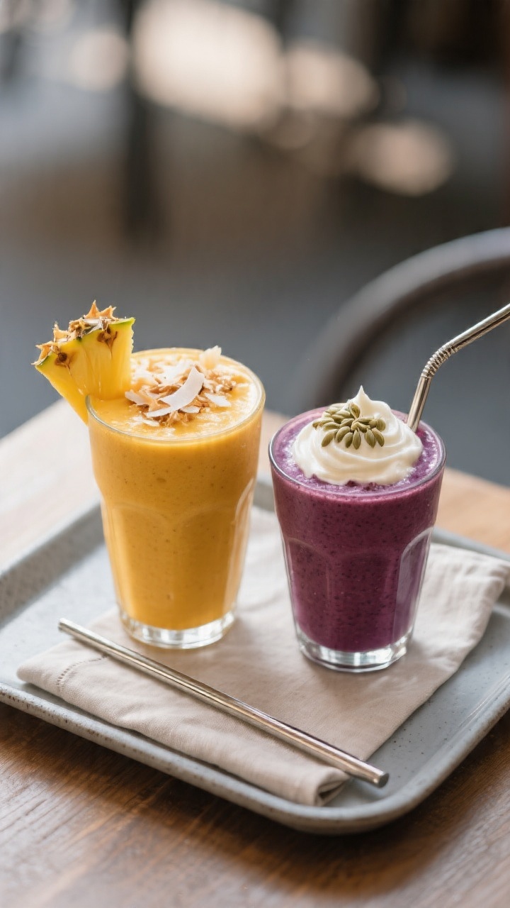 Final dish presentation: Cafe-style smoothie lineup—two finished smoothies side by side on a matte