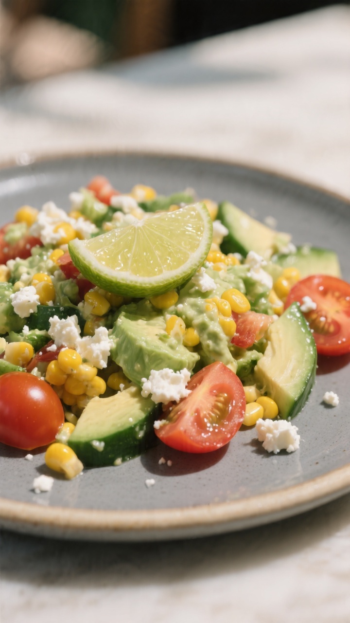 Final dish presentation: Close-up of a plated serving of summer corn salad with creamy avocado gentl