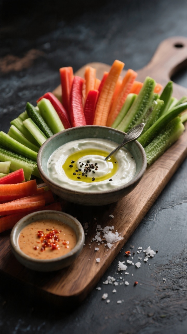 Final dish presentation: Elegant board layout featuring prepared veggie sticks sorted by color gradi