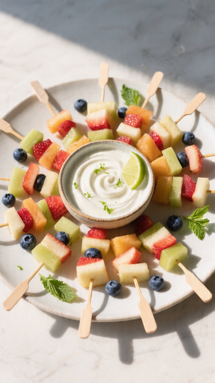 Final dish, tasty top view: Overhead platter presentation of fully assembled fruit kabobs arranged i