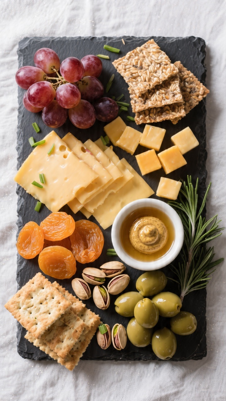 Final dish/top view: Restaurant-quality snack board presentation inspired by the packs—arranged mo