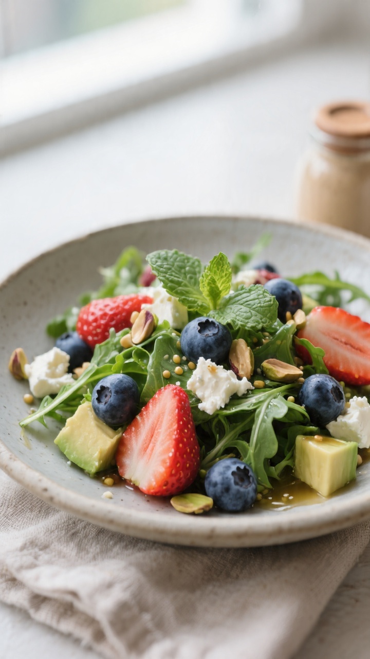 Final plated beauty: Close-up of a single-serve portion of summer berry salad on a shallow matte sto