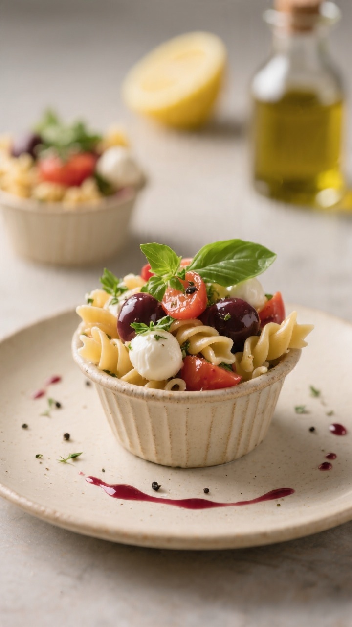 Final plated close-up: Single mini pasta salad cup hero shot on a neutral ceramic saucer, pasta glis