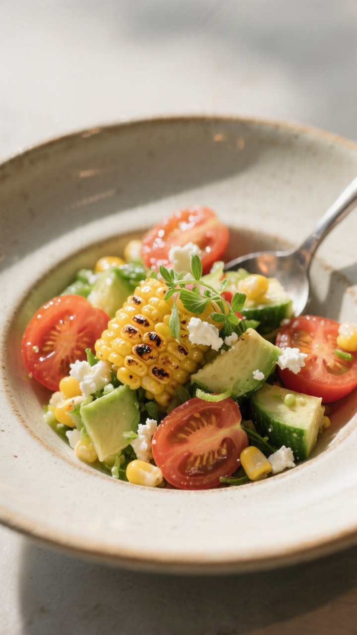 Final plated detail: Close-up of a single serving of summer corn salad spooned into a shallow cerami