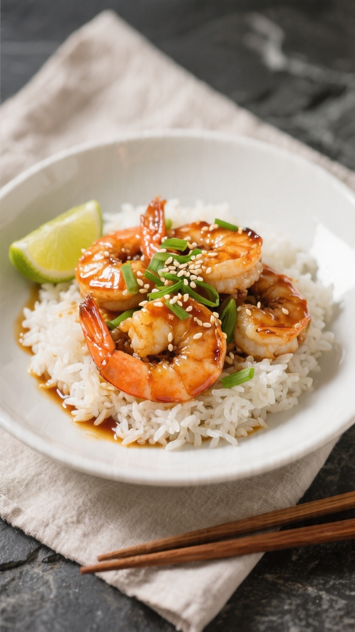 Final plated dish: Beautifully plated Honey Garlic Shrimp over fluffy jasmine rice in a wide white b