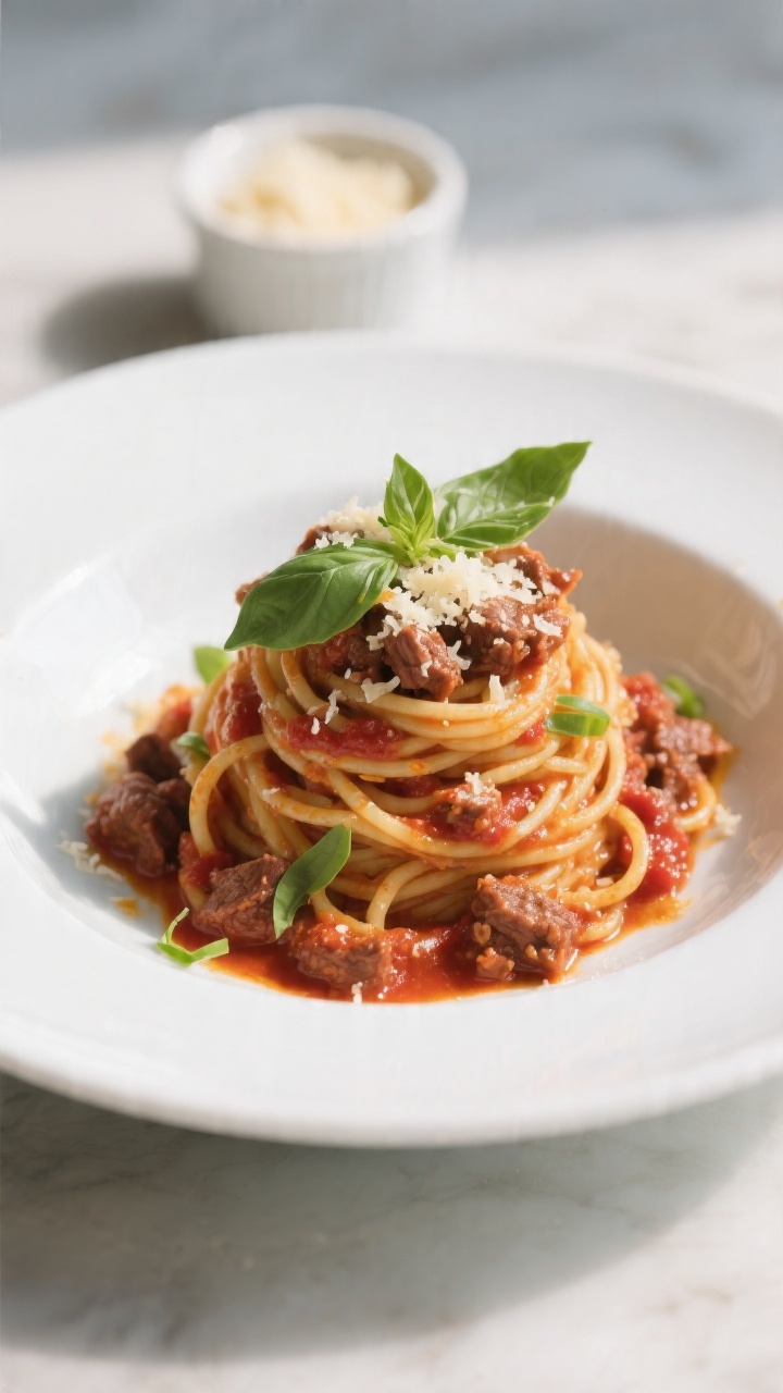 Final plated dish beauty: Restaurant-quality plate of Simple Spaghetti With Meat Sauce twirled into 