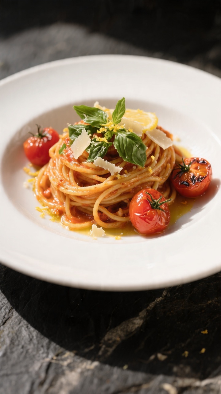 Final plated dish, restaurant-quality presentation: Beautifully twirled nest of tomato basil spaghet